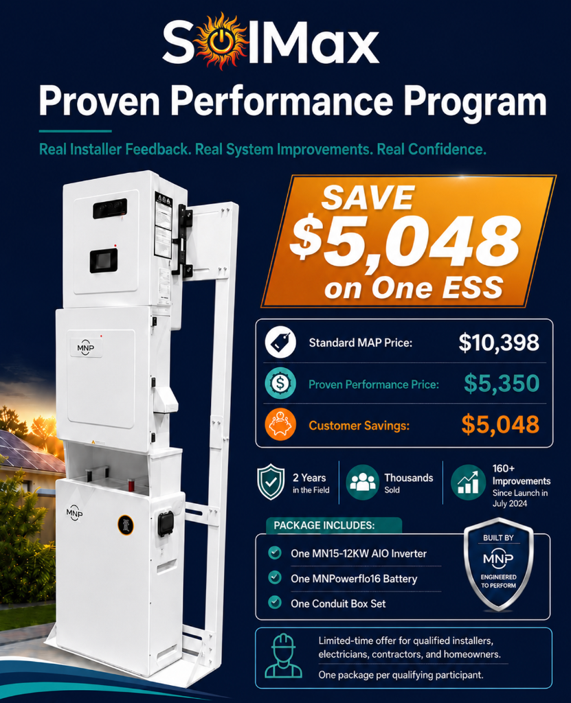 Sol-Max Proven Performance Program flyer showing a complete ESS package, published pricing, savings, package contents, and participant information.