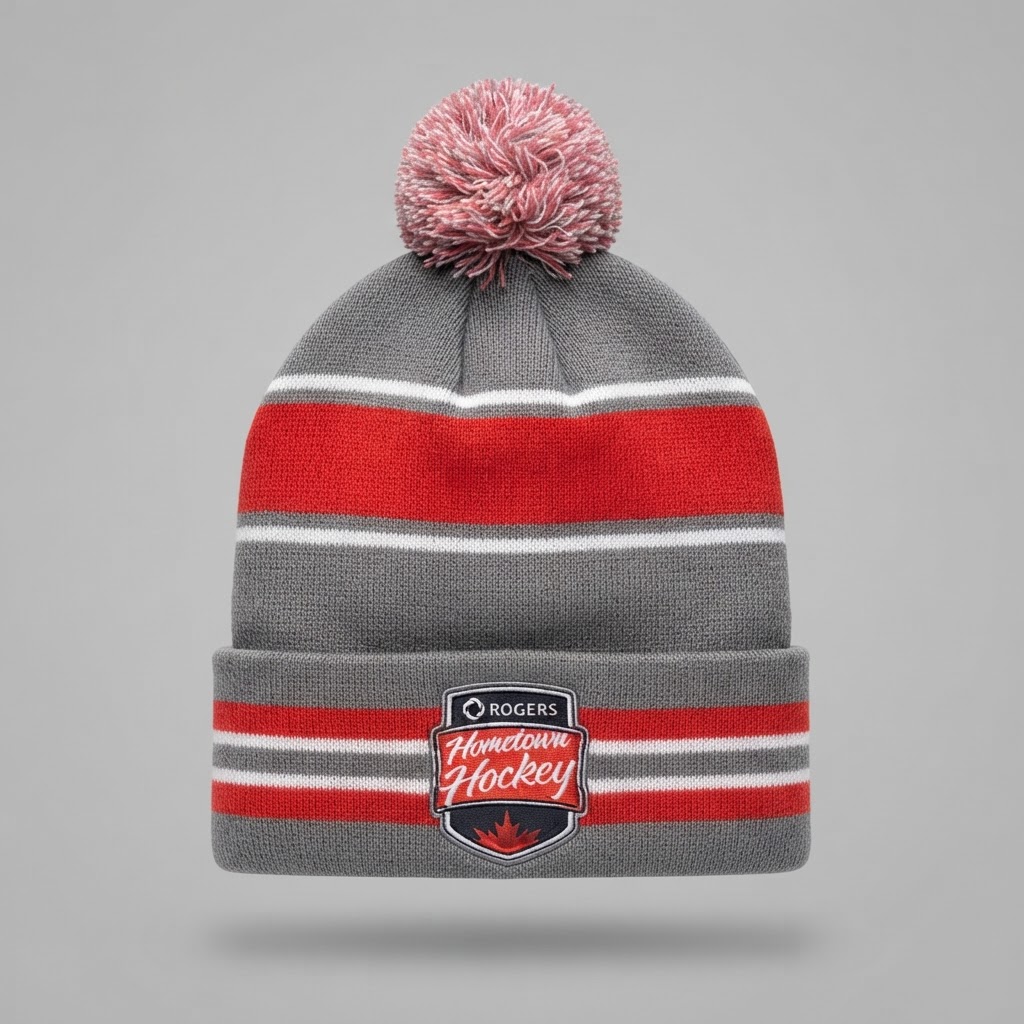 gray, red, and white striped Rogers Hometown Hockey cuffed knit beanie with a matching pom-pom 2