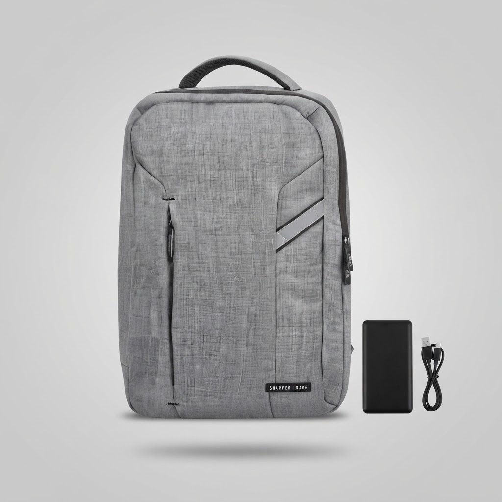 backpack  Color: grey  Fit: adjustable  Details: laptop compartment, zippered pockets, adjustable shoulder straps, charging station, RFID protection, BATTERY AND CABLE NOT INCLUDED 3