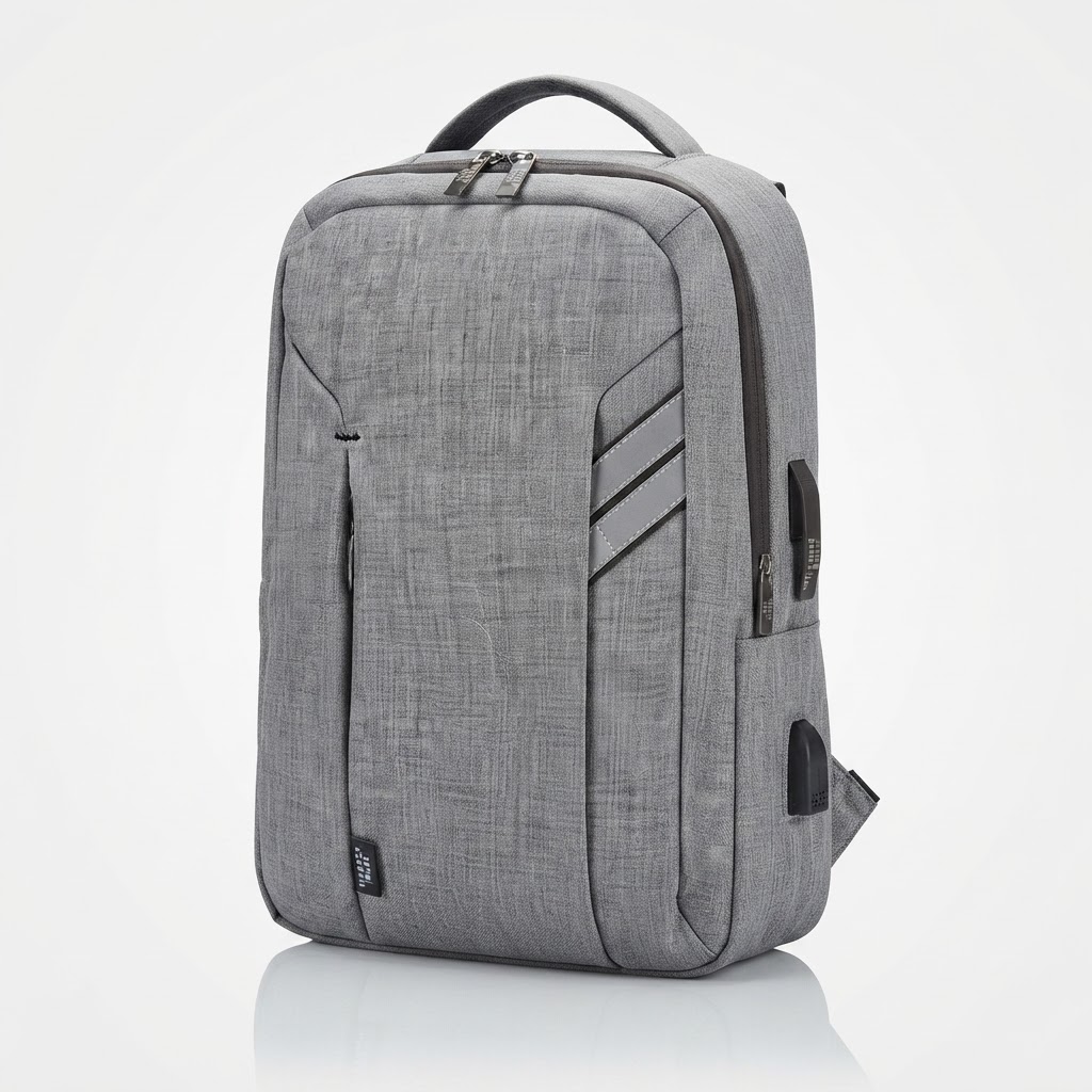 backpack  Color: grey  Fit: adjustable  Details: laptop compartment, zippered pockets, adjustable shoulder straps, charging station, RFID protection, BATTERY AND CABLE NOT INCLUDED