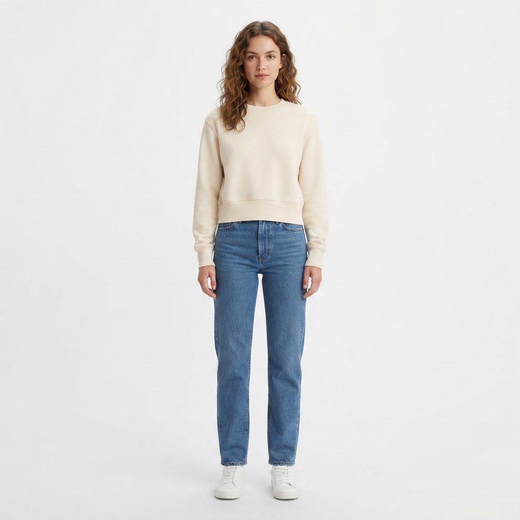 sweatshirt  Color: cream  Fit: cropped  Details: crew neck, long sleeves with ribbed cuffs, cropped hem, ribbed hem