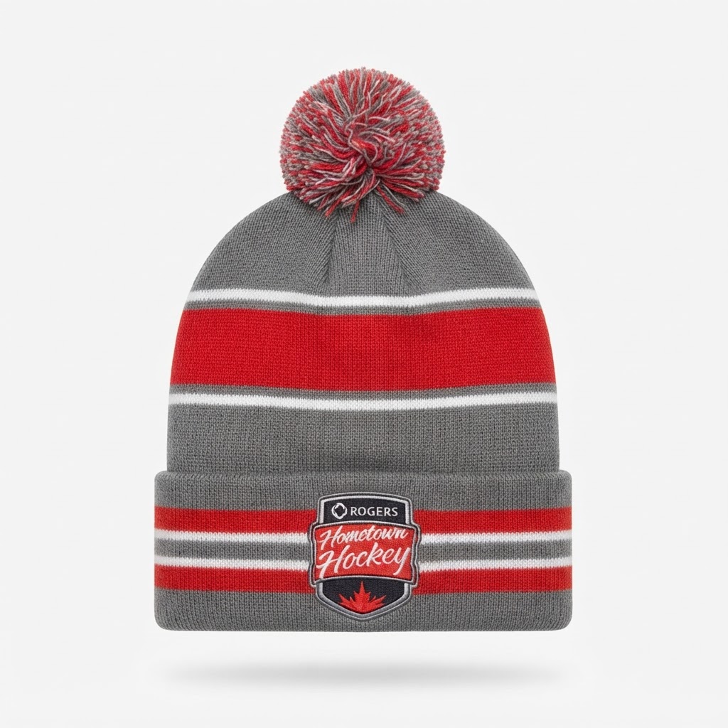gray, red, and white striped Rogers Hometown Hockey cuffed knit beanie with a matching pom-pom