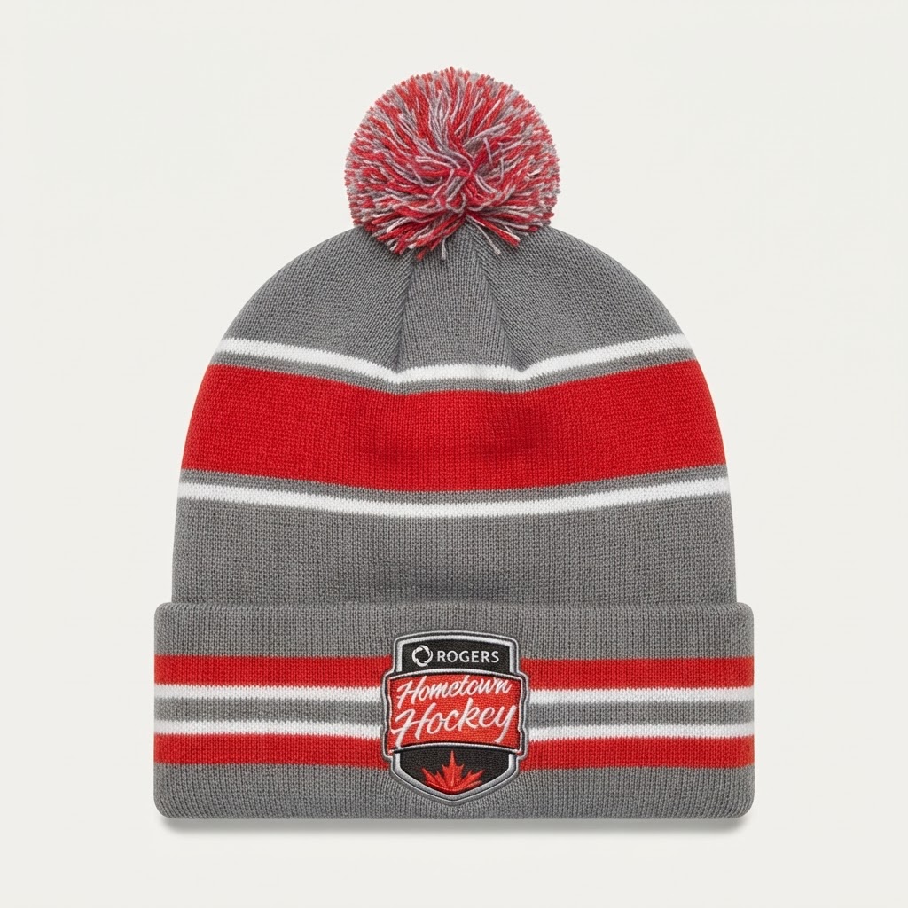 gray, red, and white striped Rogers Hometown Hockey cuffed knit beanie with a matching pom-pom 3