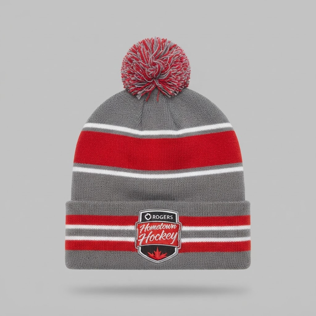 gray, red, and white striped Rogers Hometown Hockey cuffed knit beanie with a matching pom-pom 5
