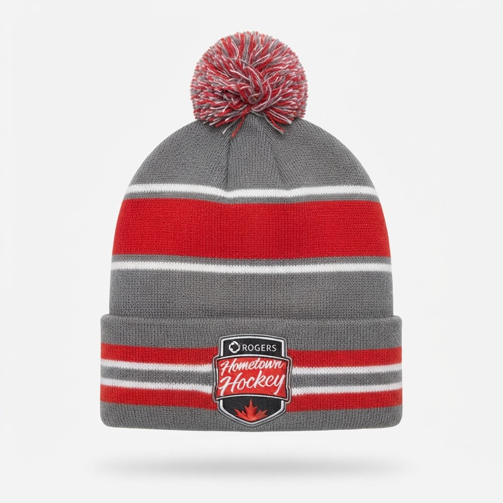 gray, red, and white striped Rogers Hometown Hockey cuffed knit beanie with a matching pom-pom 4