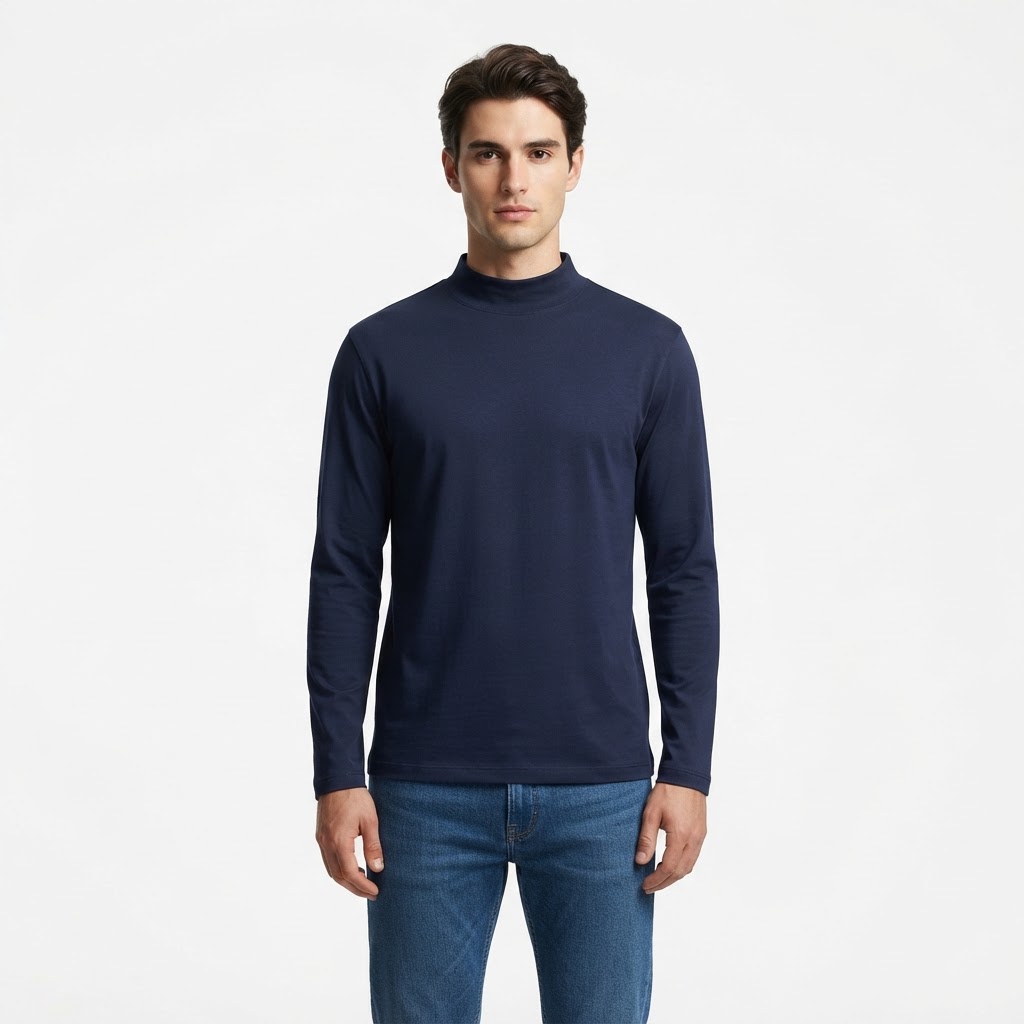 Product: mock neck long sleeve top  Color: navy blue   mock neck, long sleeves, solid color