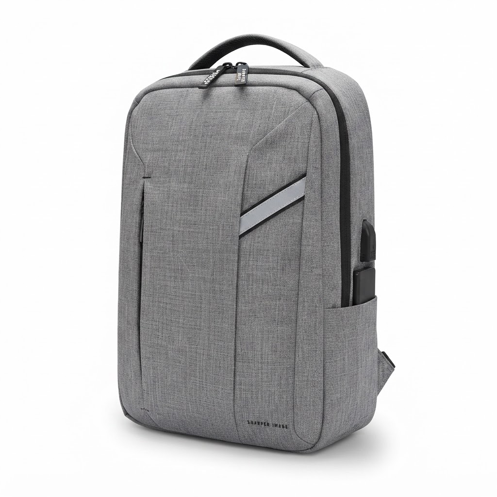 backpack  Color: grey  Fit: adjustable  Details: laptop compartment, zippered pockets, adjustable shoulder straps, charging station, RFID protection, BATTERY AND CABLE NOT INCLUDED 4
