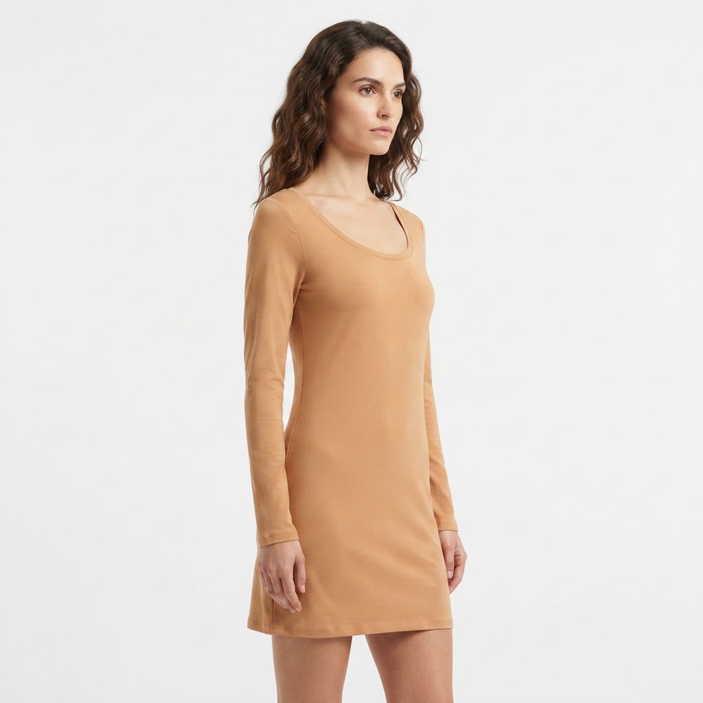 long-sleeve short dress  Color: tan  Fit: fitted  Details: scoop neckline, long sleeves, straight hem 2