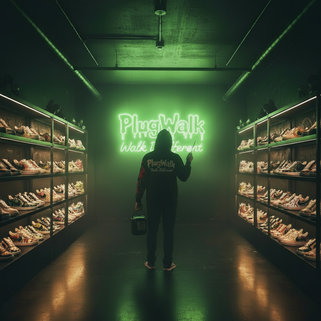 Dark industrial workshop studio with workbench, paint supplies, and custom sneakers