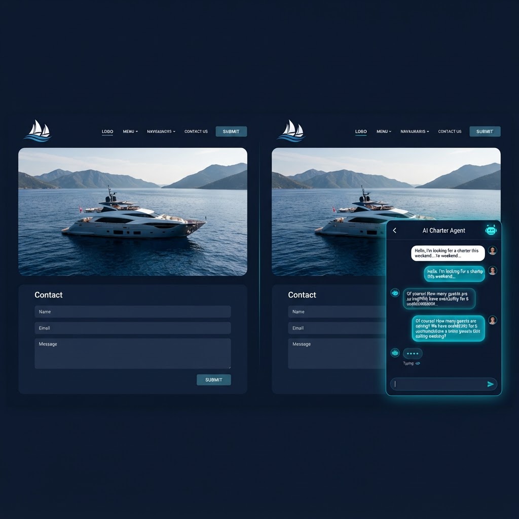 Comparativa visual entre web estática con formulario y web con agente IA conversacional para charter náutico