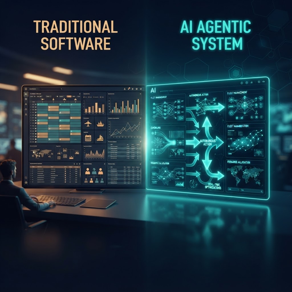 Comparativa entre software de gestión de charter tradicional y sistema de agentes IA agénticos autónomos