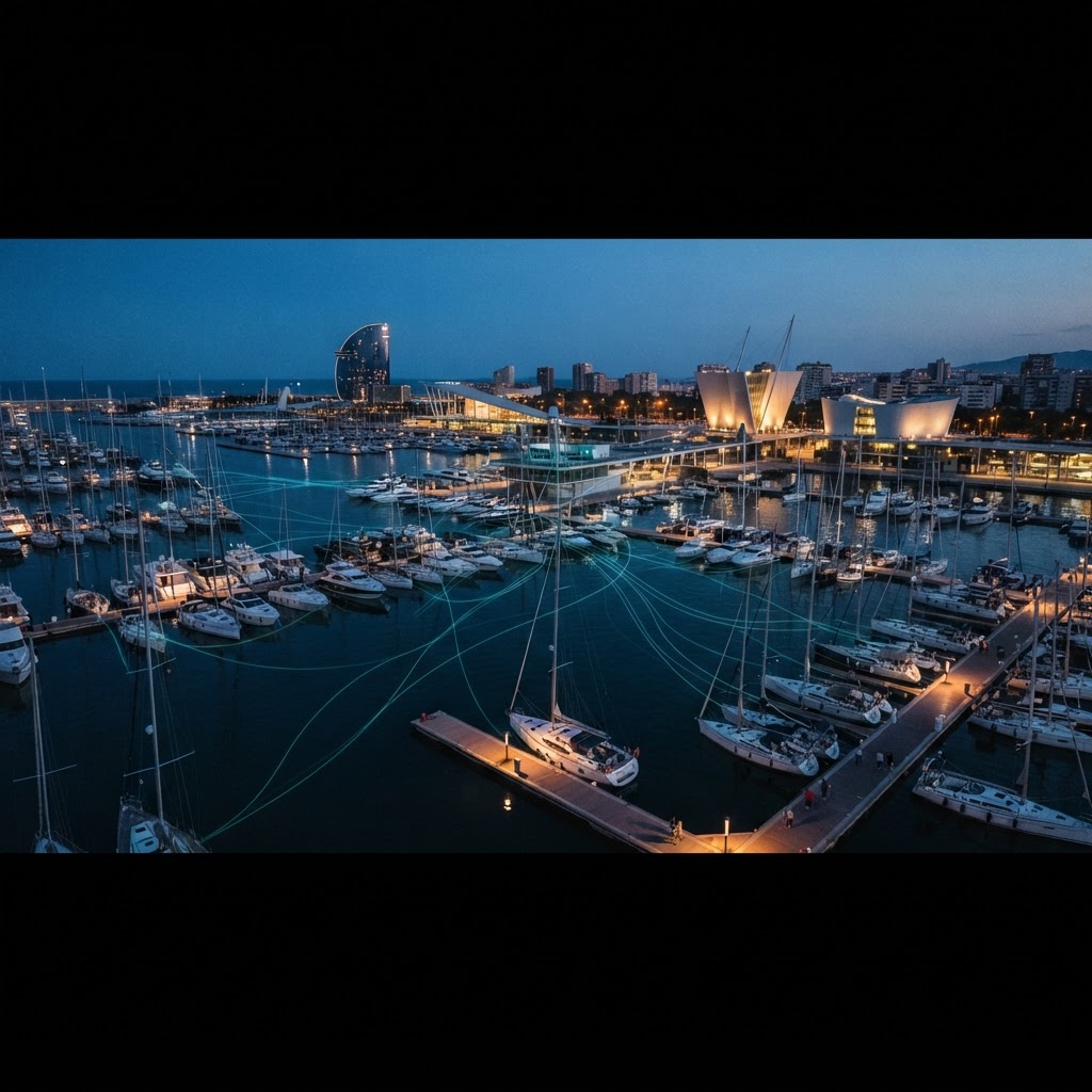 Marina Real Juan Carlos I de Valencia al anochecer con infraestructura de la era Copa América y embarcaciones gestionadas con IA
