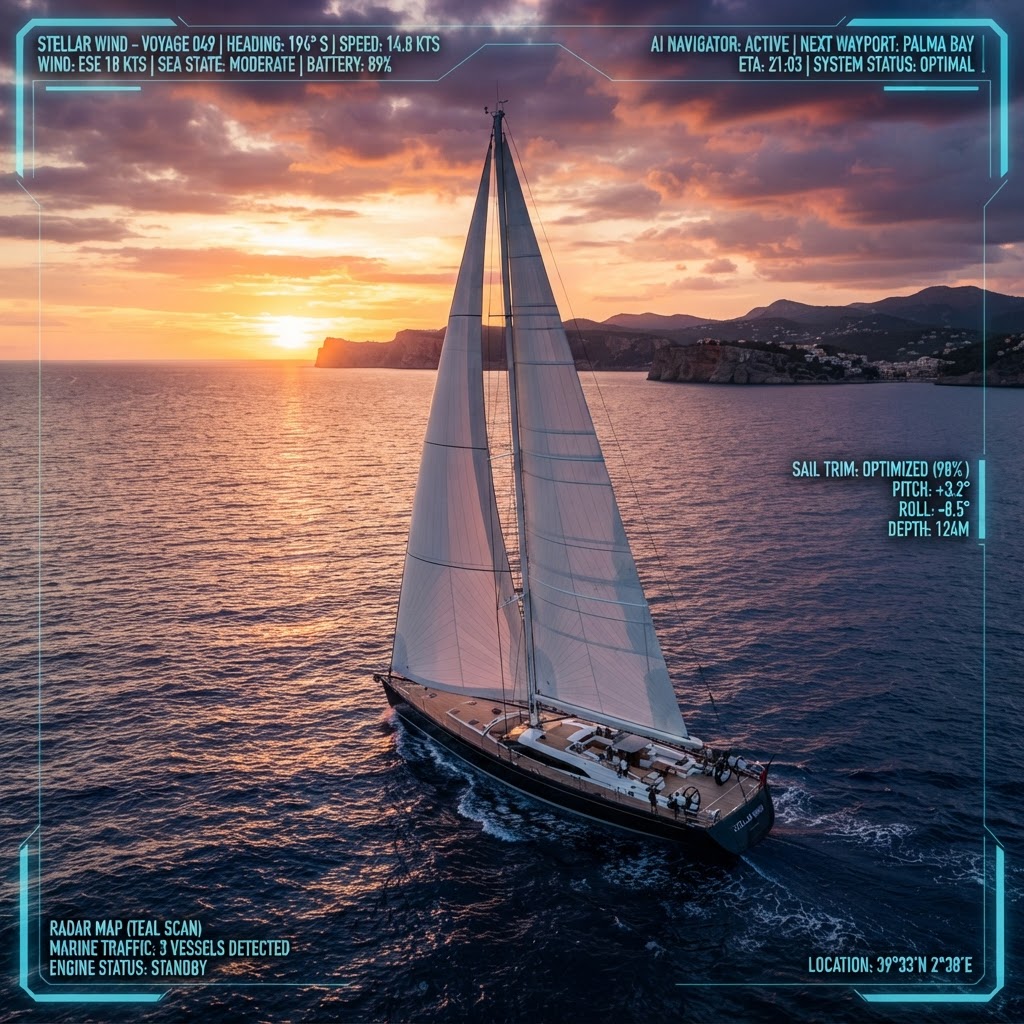 Velero navegando en el Mediterráneo con sistema de gestión agéntica IA