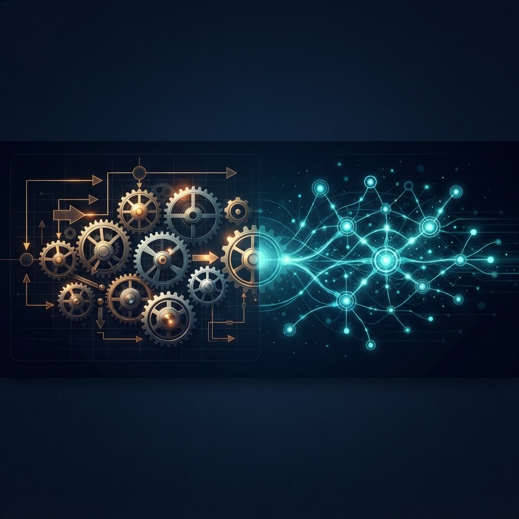 Comparativa visual entre automatización de reglas fijas con engranajes e IA agéntica con red neuronal adaptativa