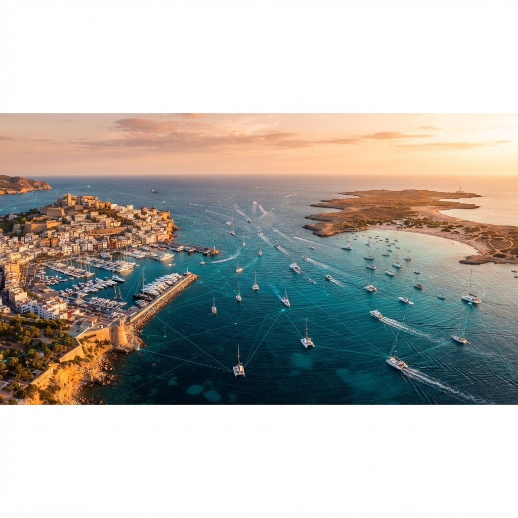 Vista aérea de Ibiza y Formentera en temporada alta con embarcaciones de charter cruzando aguas turquesas gestionadas con IA