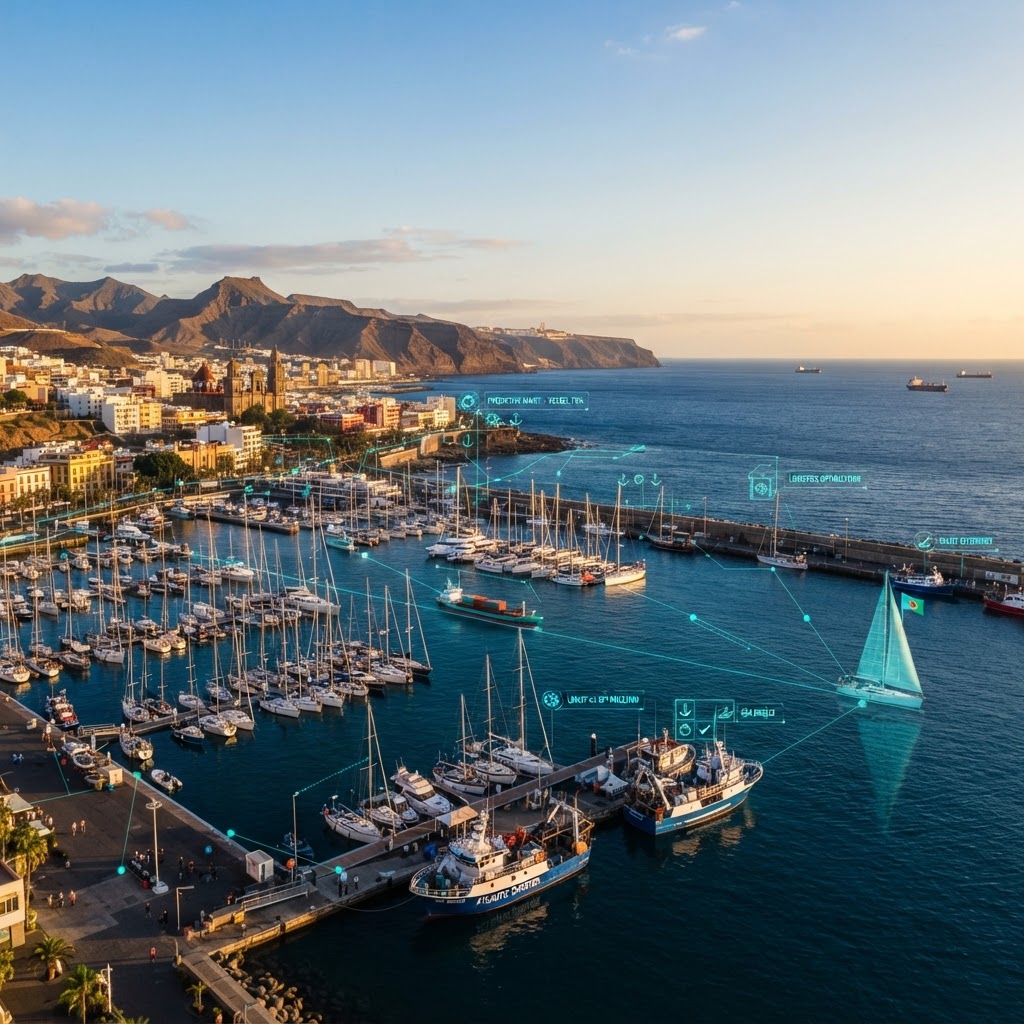 Costa de Gran Canaria con marina de Las Palmas y embarcaciones gestionadas con IA ante la logística insular