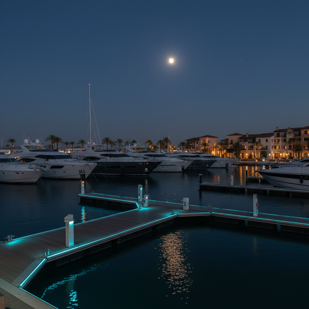 Marina nocturna con iluminación tecnológica