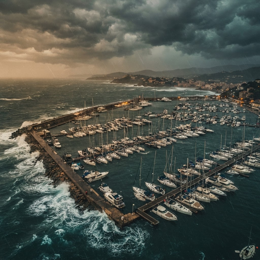 Marina con mar agitada y cielo de tormenta, el escenario que el Botón de Mala Mar resuelve