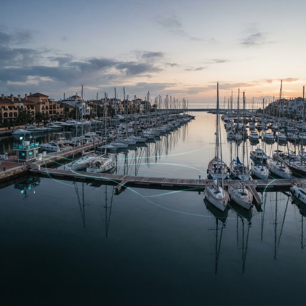 Marina de Sotogrande al amanecer con embarcaciones supervisadas a distancia mediante IA agéntica para propietarios ausentes