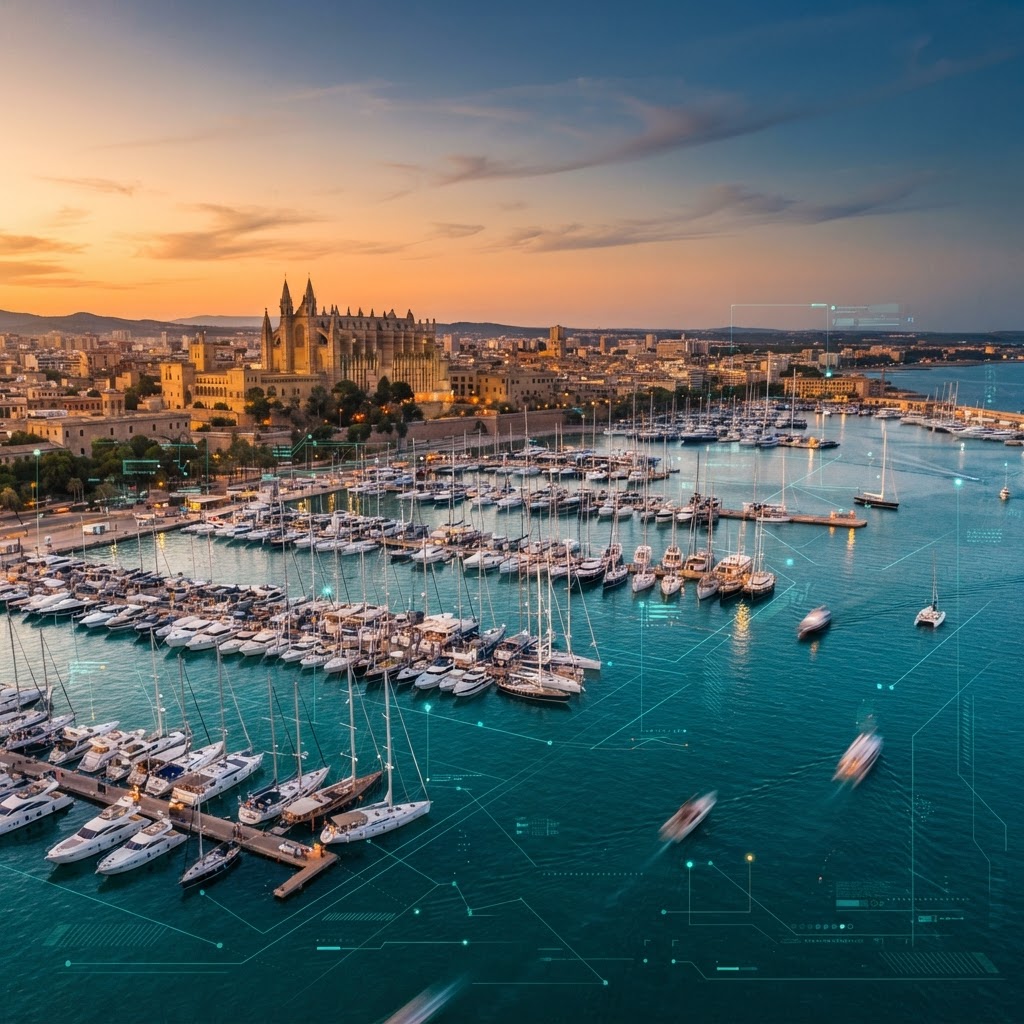 Vista aérea del puerto de Palma de Mallorca al atardecer con yates y veleros de charter gestionados con IA agéntica