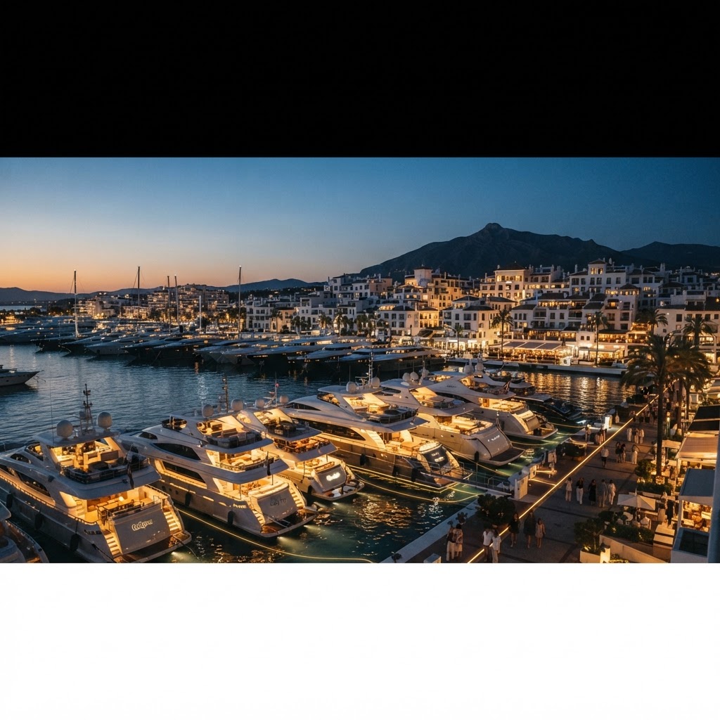 Puerto Banús al anochecer con superyates de lujo gestionados mediante agentes IA discretos y protocolo VIP