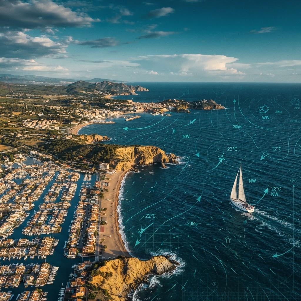 Costa Brava vista desde el aire con puertos dispersos, calas y la red de canales de Empuriabrava gestionados con IA