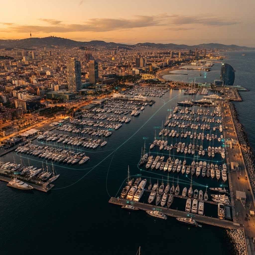 Vista aérea del Port Olímpic y Port Vell de Barcelona con yates gestionados mediante agentes IA agénticos