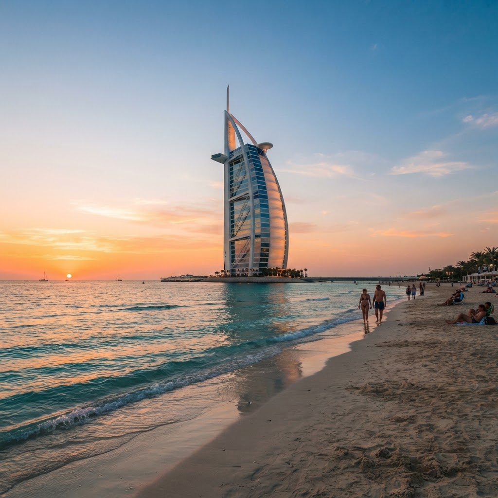 The sail-shaped Burj Al Arab hotel at sunset on Jumeirah Beach