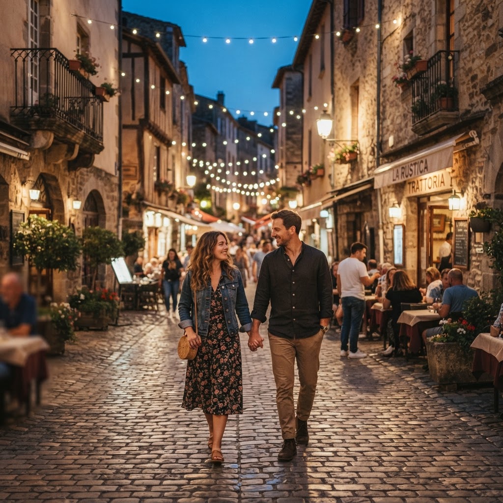 Romantic European street at dusk