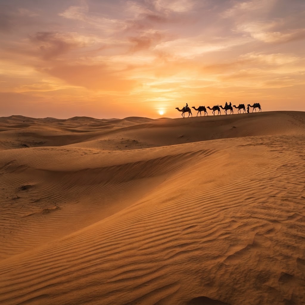 Dubai desert dunes at sunset with a camel caravan