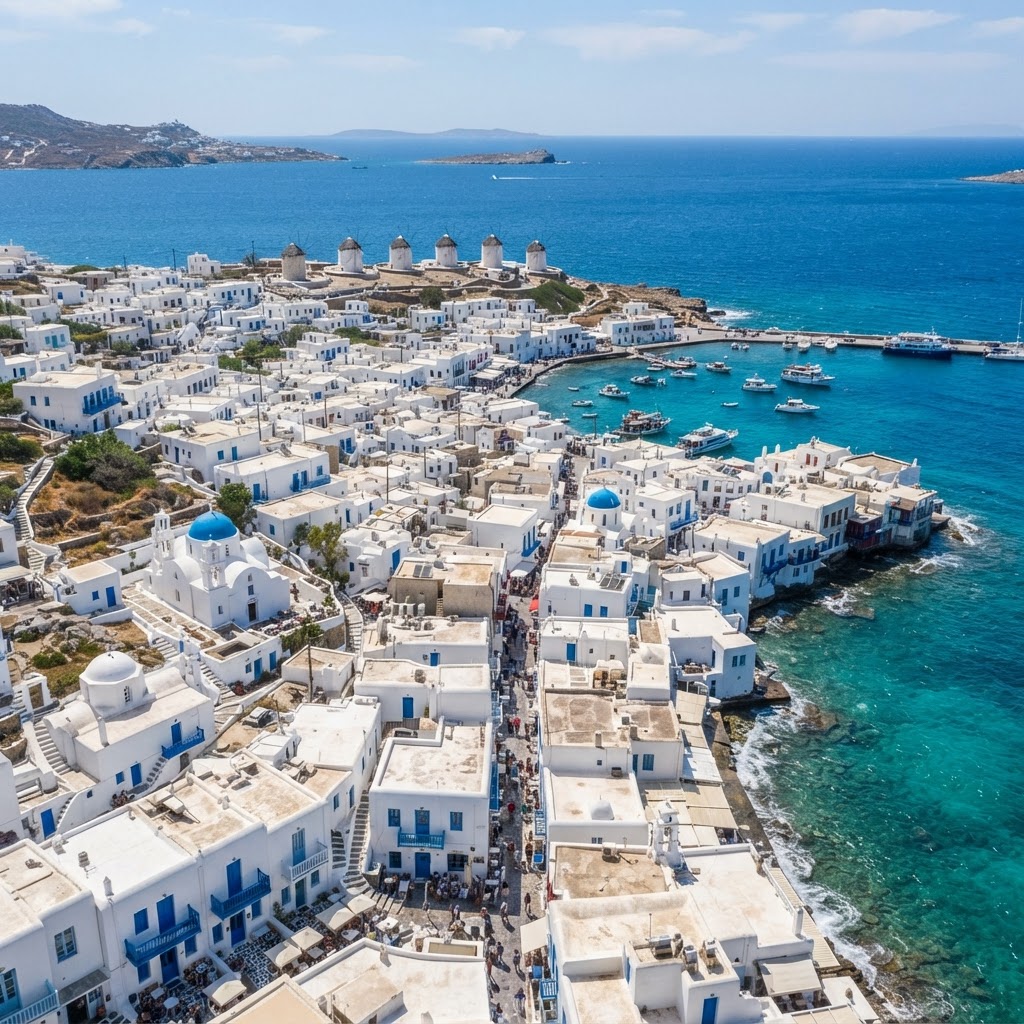 Aerial view of whitewashed Mykonos town with blue domes by the Aegean Sea