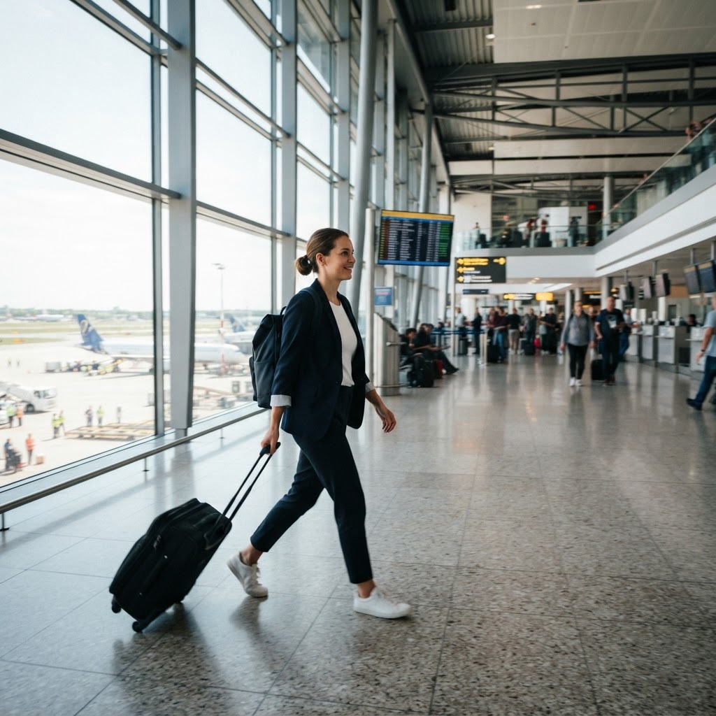 Traveler rolling a carry-on through a bright airport departures hall