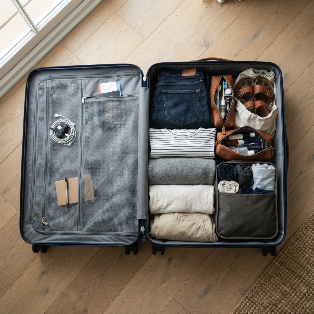 Neatly packed open suitcase with folded clothes and a travel organizer
