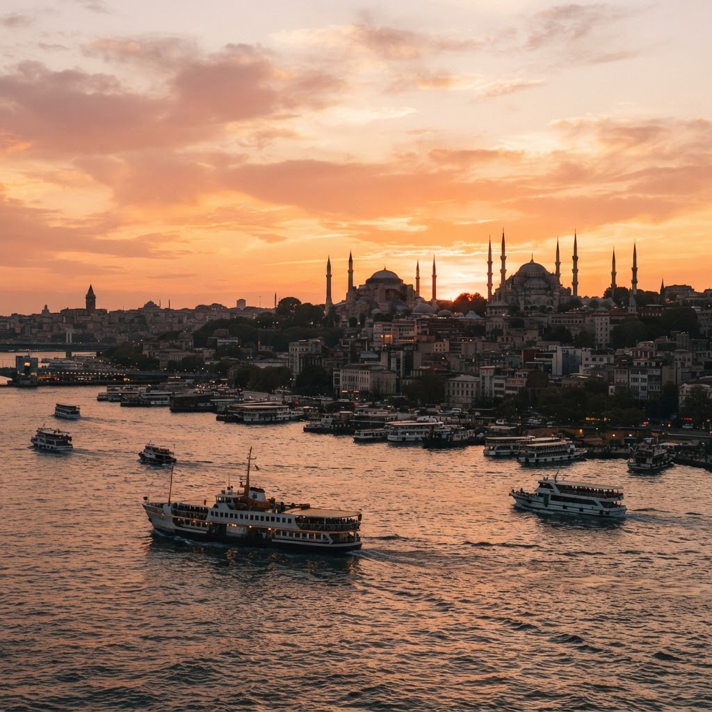 Istanbul Bosphorus at sunset with mosque silhouettes and ferries
