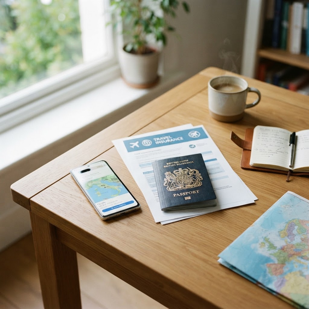 Travel insurance documents with passport and phone on a desk