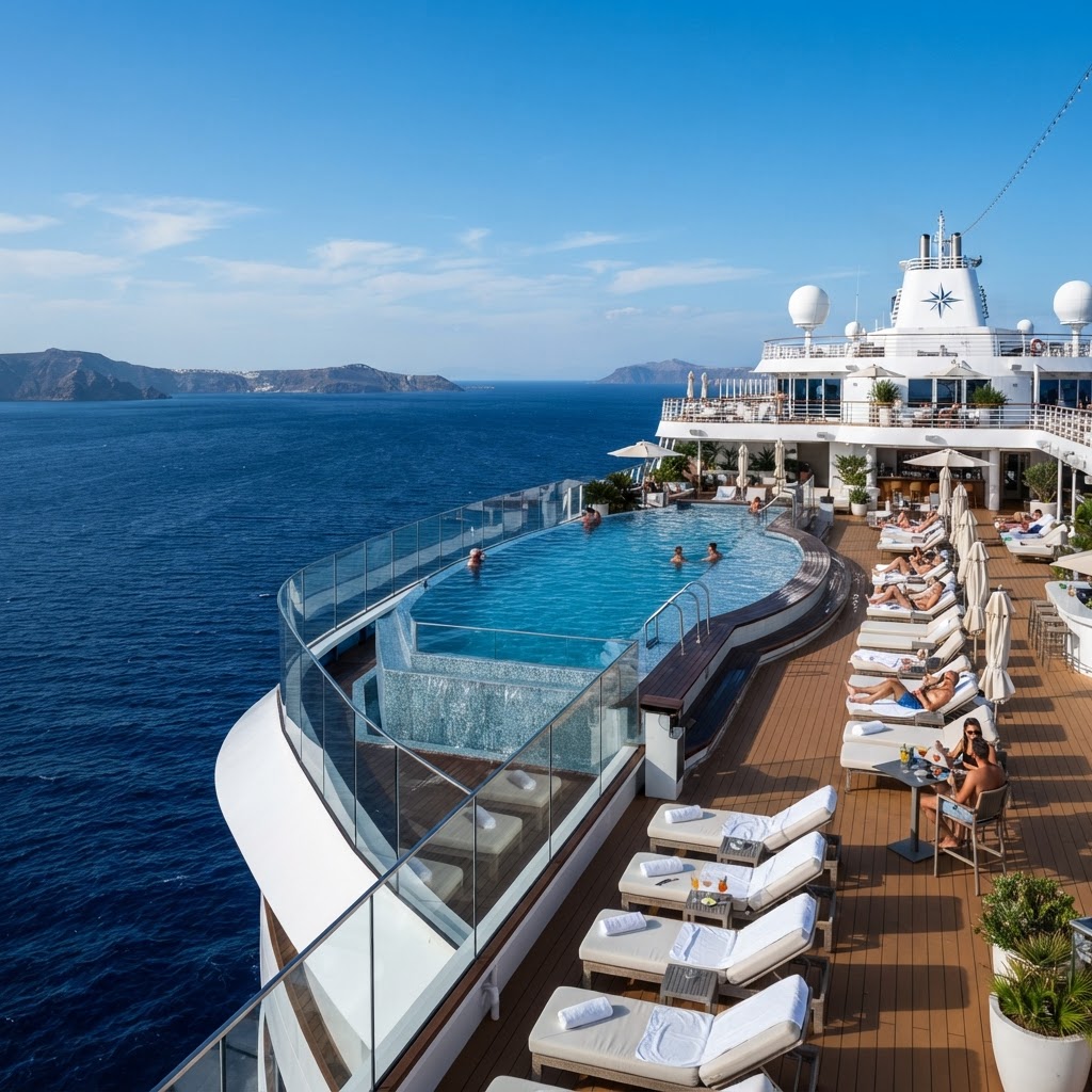 Cruise ship top deck with infinity pool and loungers over the Mediterranean