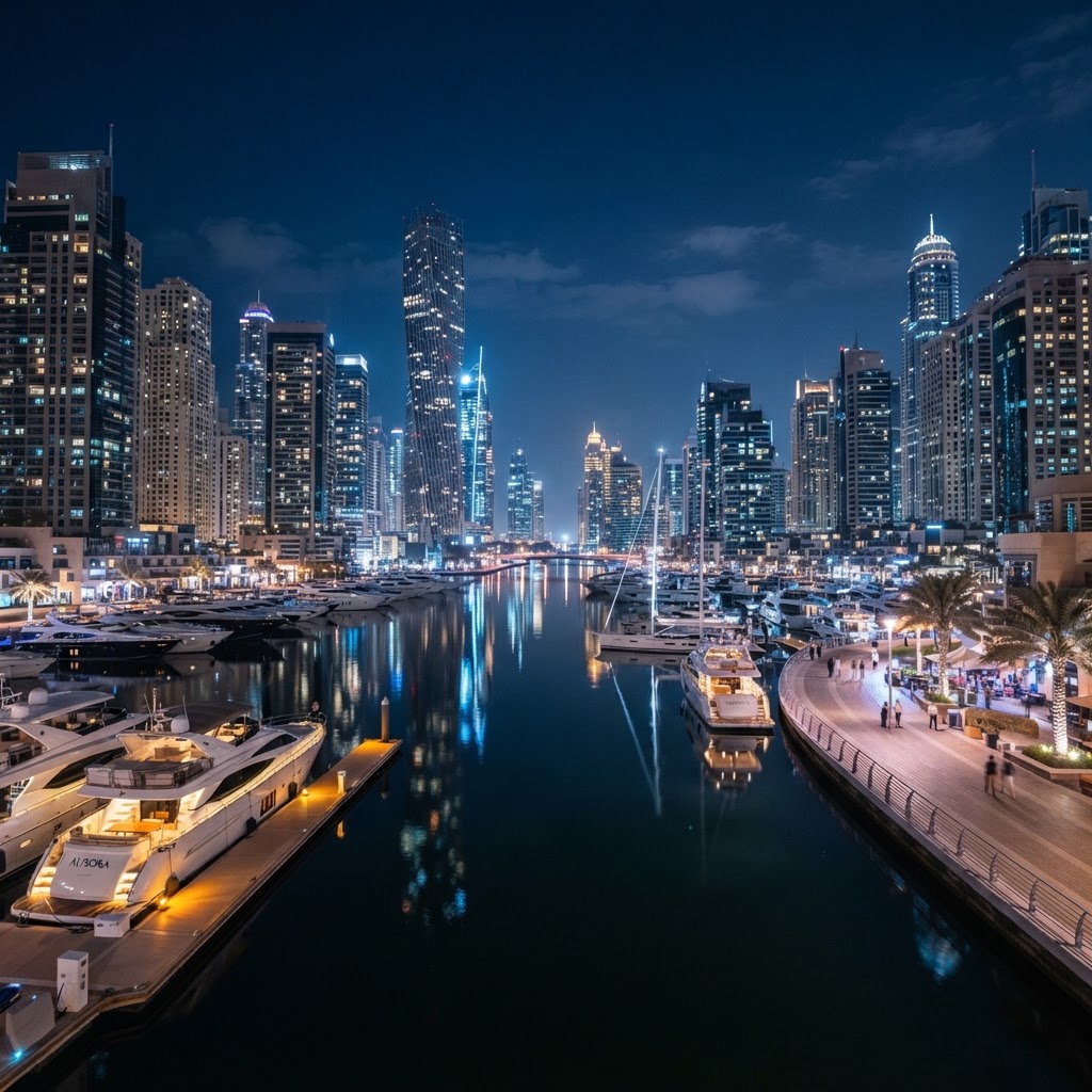 Dubai Marina at night with illuminated skyscrapers reflected in the water