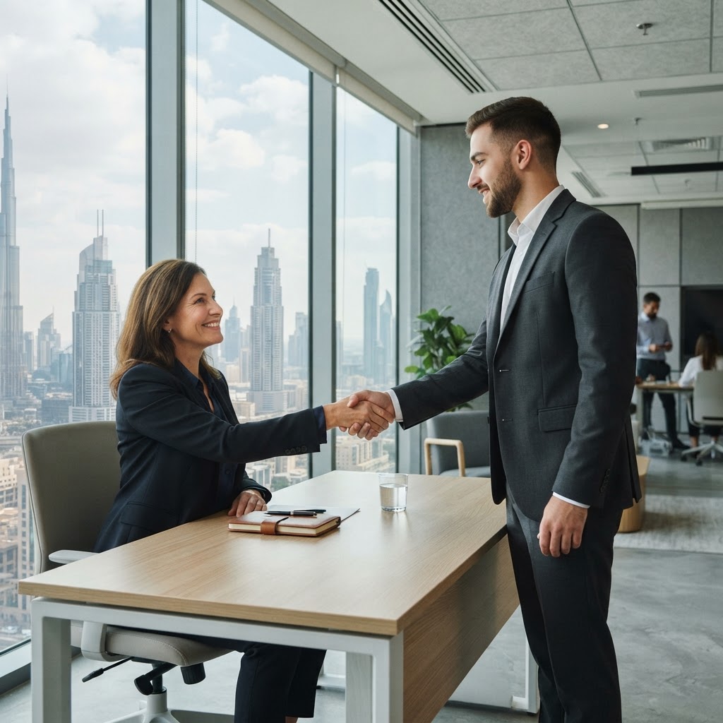 Consultant and entrepreneur shaking hands in a Dubai office
