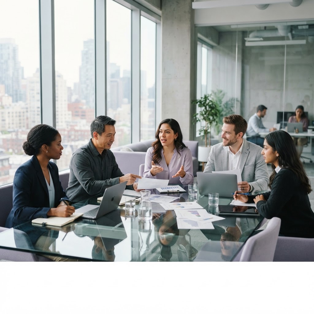 Corporate team collaborating in a modern office