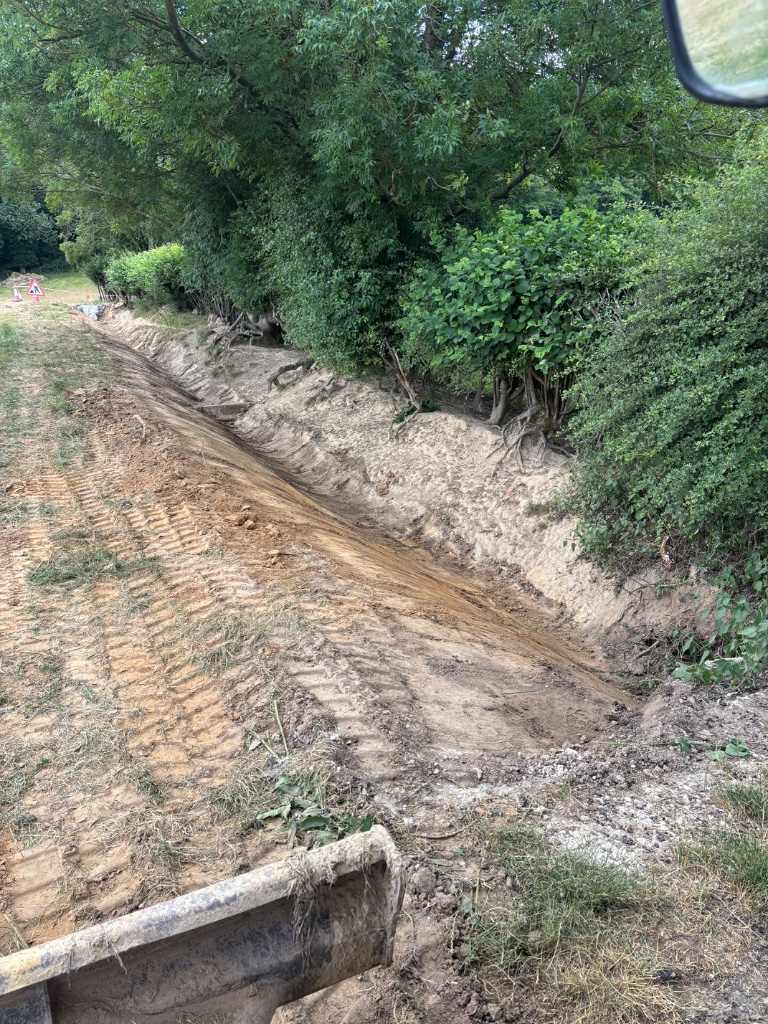 Drainage ditch and swale excavation for land drainage upgrades in Battle, East Sussex by Subsoil Land & Water, land drainage contractors serving the South East