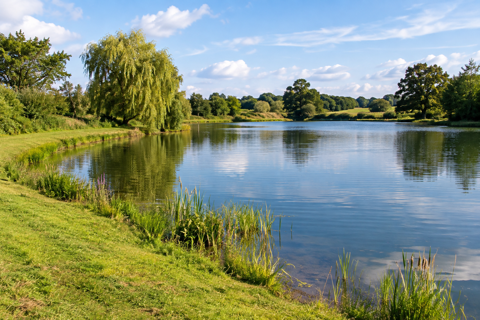 Tranquil lake with weeping willow reflecting in still water on rural land in Battle, East Sussex — lake dredging, silt removal and waterbody restoration by Subsoil Land & Water, lake dredging contractors serving Kent and the South East