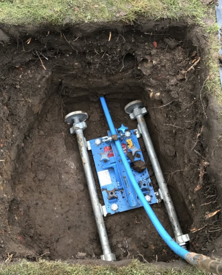 Impact moling and water utility pipe pressure testing by Subsoil Land & Water in excavation trench in Eastbourne East Sussex