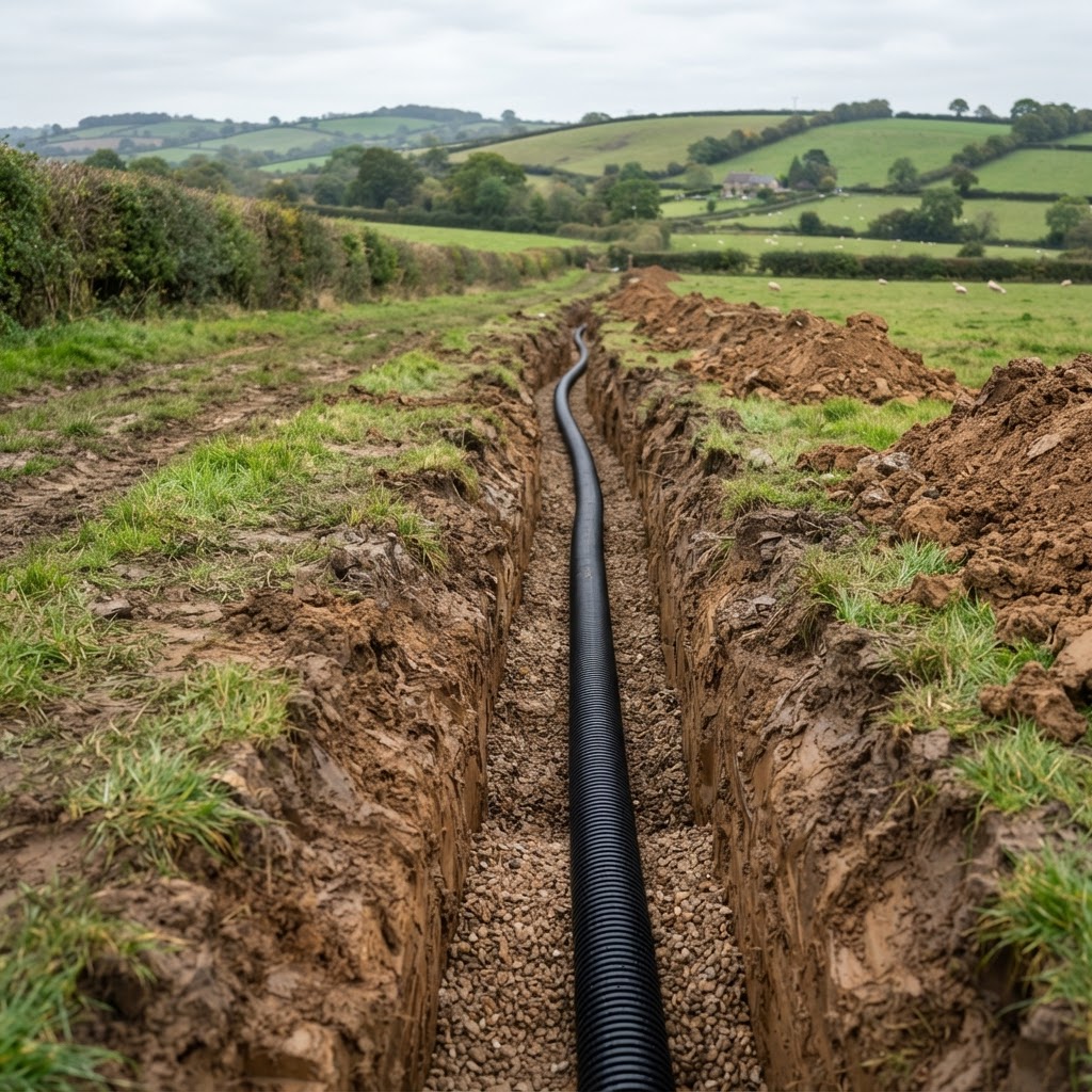 Freshly excavated land drainage trench with perforated drainage pipe in a rural field — land drainage contractors in Battle, East Sussex serving Kent and the South East