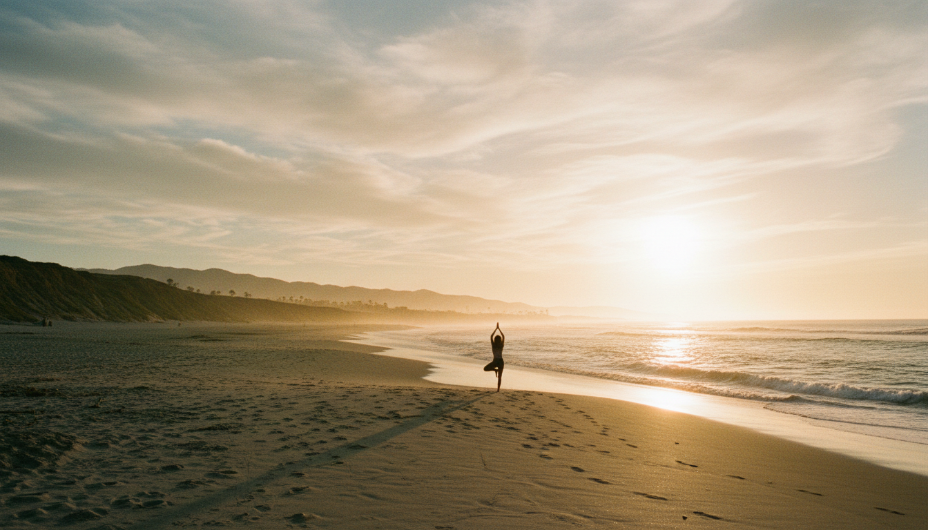 San Diego coastline at golden hour with a person doing yoga on the beach