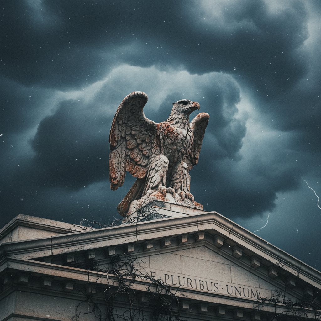 Weathered stone eagle statue under a stormy sky