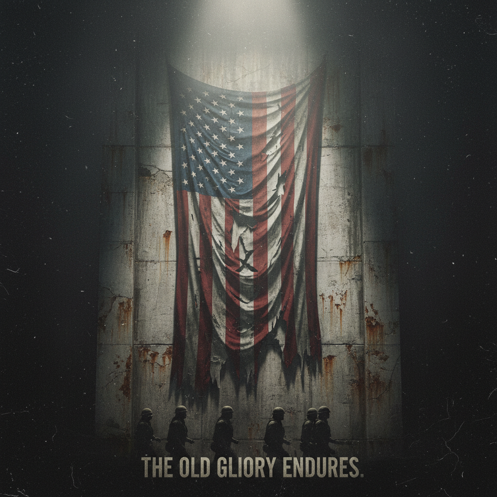 Weathered American flag draped across a dark industrial wall