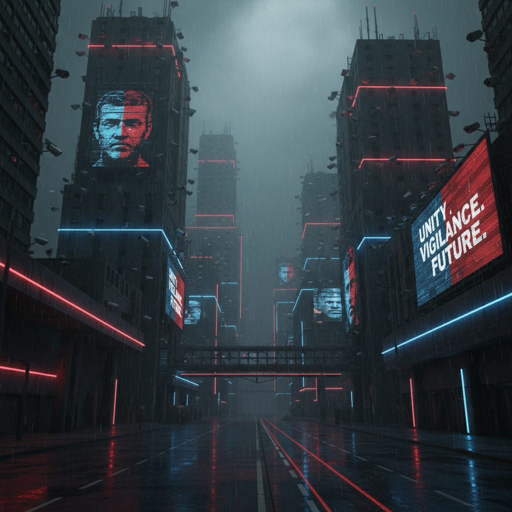 Dystopian surveillance cityscape at night with neon red and blue accents