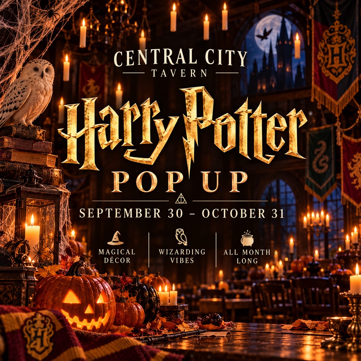 Central City Tavern Alpharetta Harry Potter Pop Up — September 30 – October 31 with magical décor, wizarding vibes, and themed fun all month long