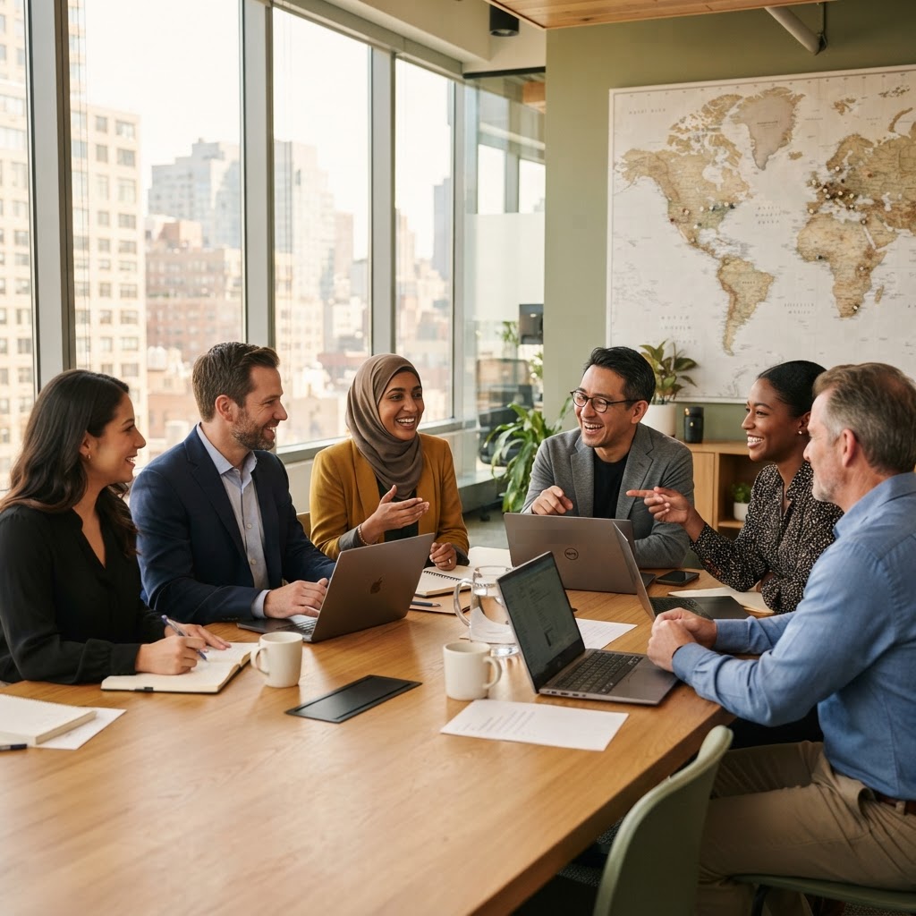 A diverse group of professionals collaborating around a conference table with a world map on the wall behind them