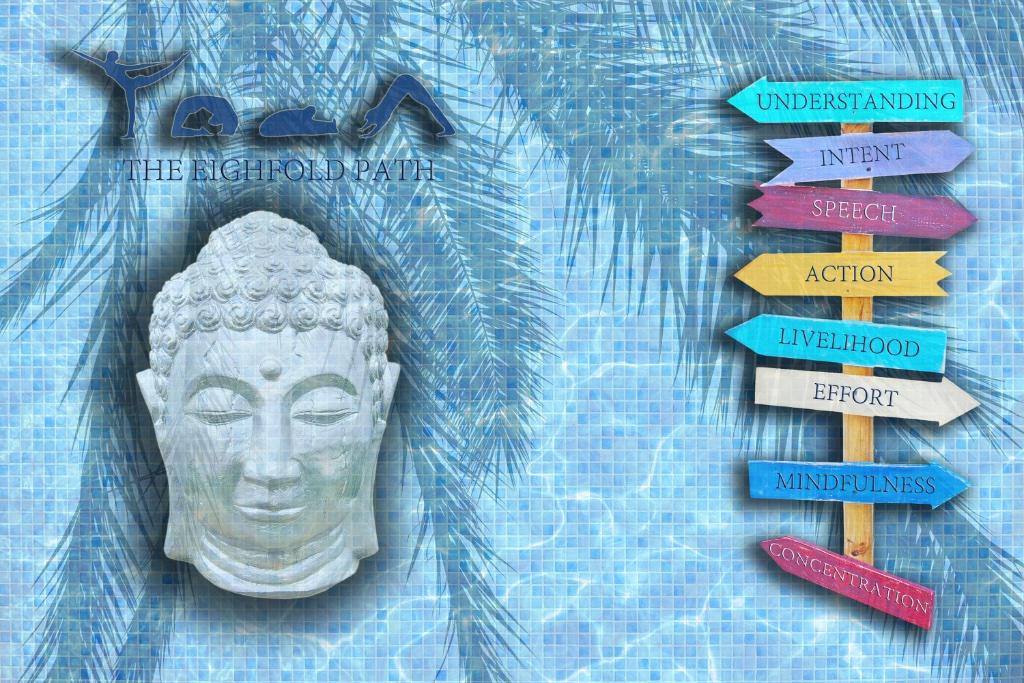The Eightfold Path — Buddha bust and signpost of the eight path elements